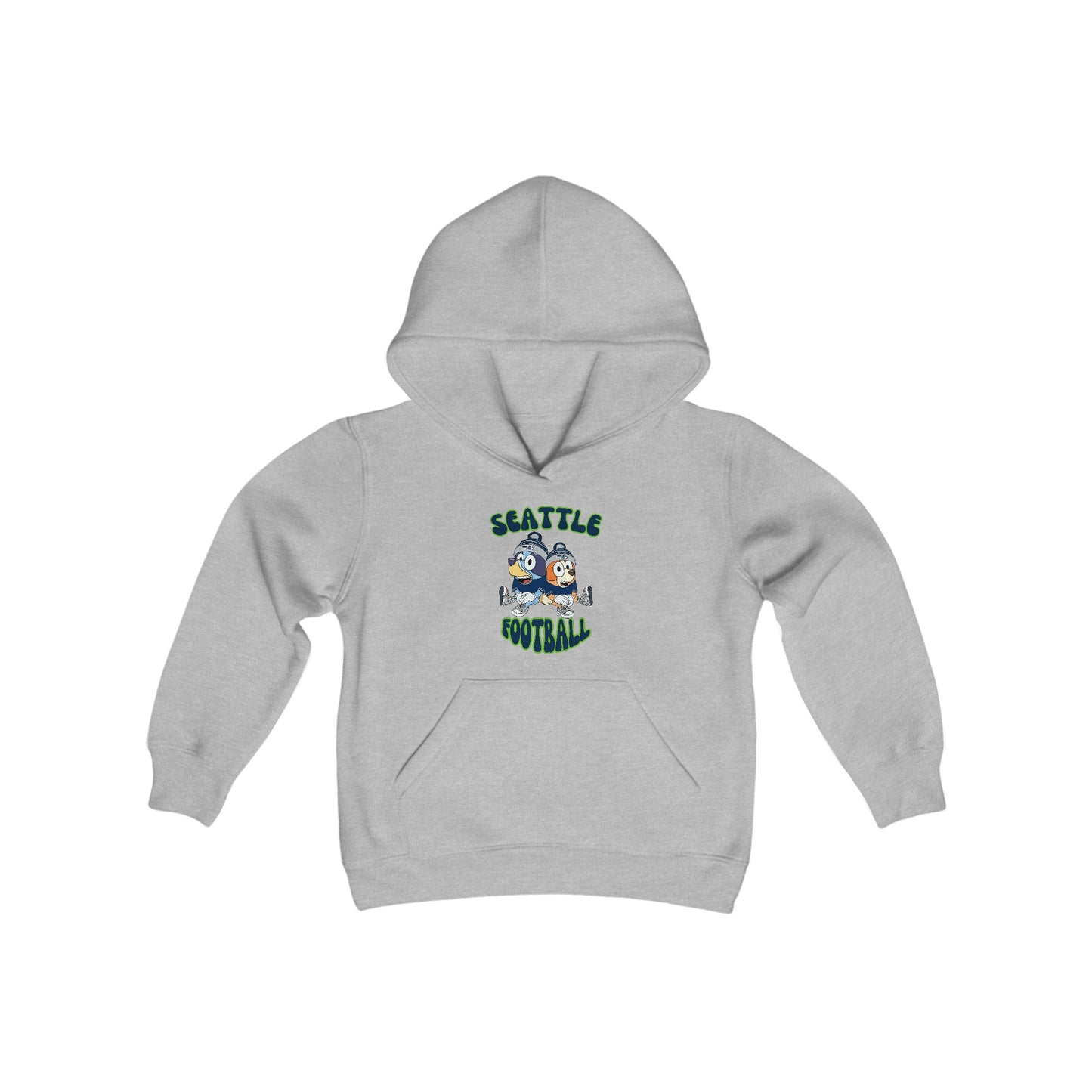 Youth Bluey & Bingo Design Seahawks Football - Inspired Heavy Blend Hooded Sweatshirt