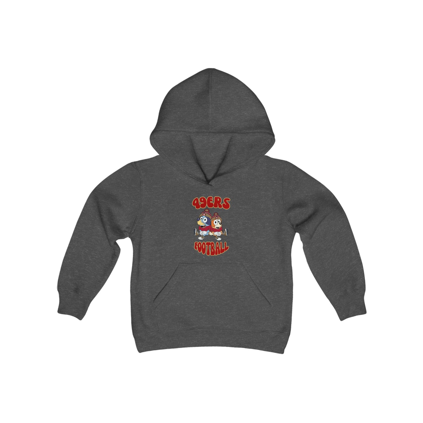 Youth Bluey & Bingo Design 49ERS Football - Inspired Heavy Blend Hooded Sweatshirt