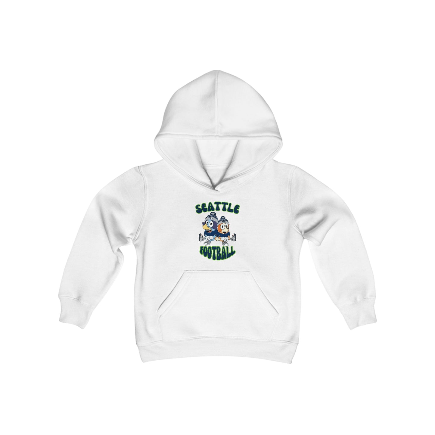 Youth Bluey & Bingo Design Seahawks Football - Inspired Heavy Blend Hooded Sweatshirt