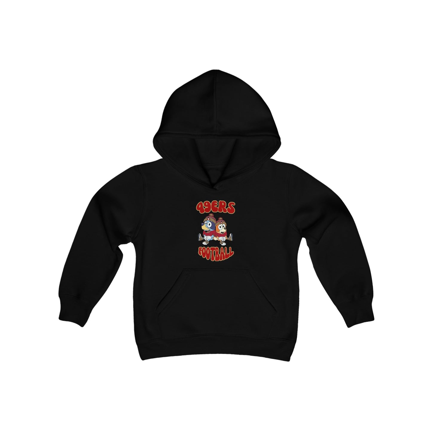 Youth Bluey & Bingo Design 49ERS Football - Inspired Heavy Blend Hooded Sweatshirt