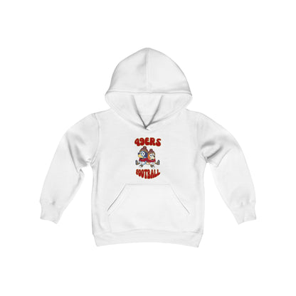 Youth Bluey & Bingo Design 49ERS Football - Inspired Heavy Blend Hooded Sweatshirt